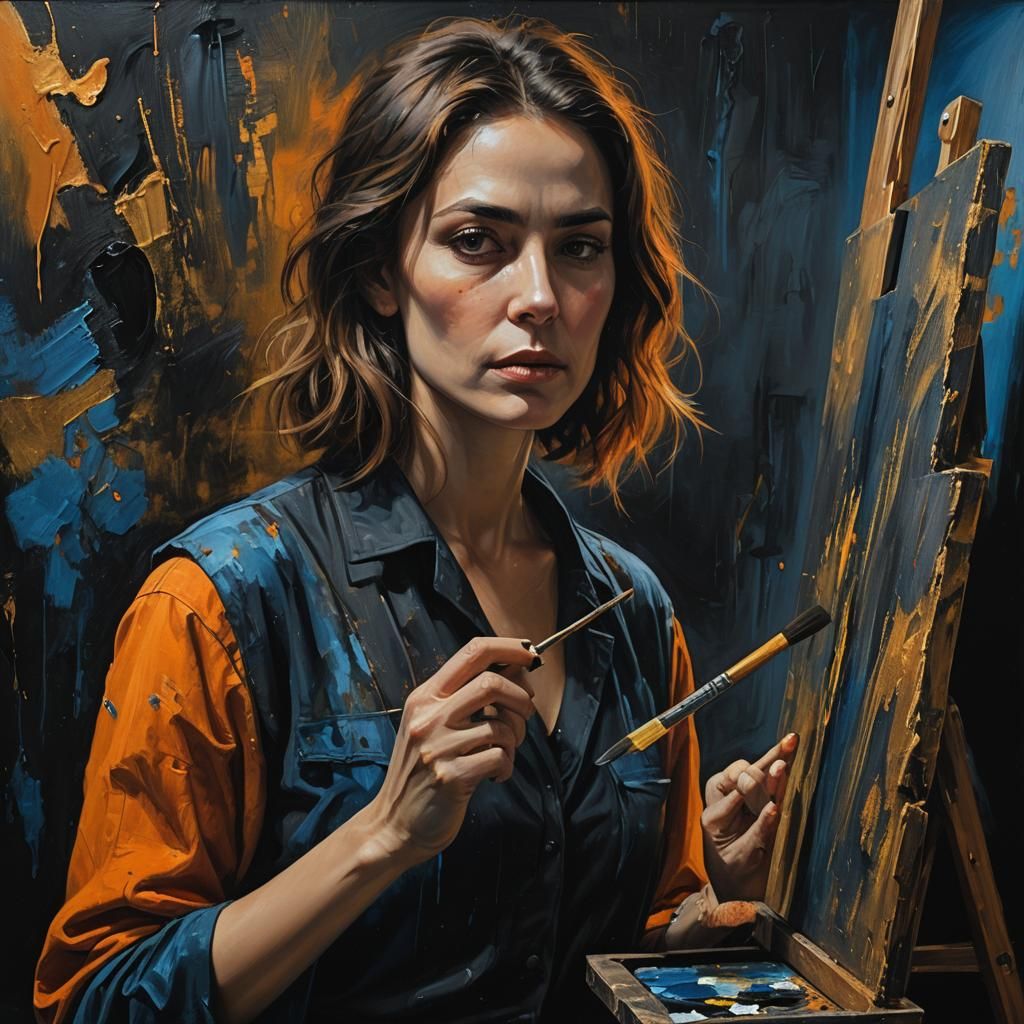 Surreal Woman Painting Dark Canvas with Golden Highlights