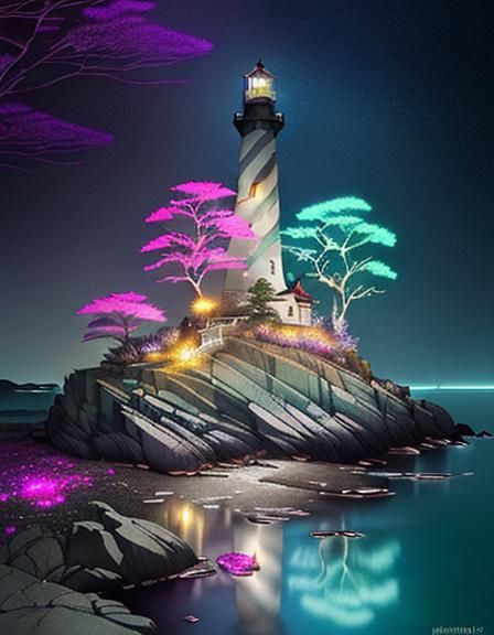 Colorful Lighthouse at Night in Watercolor Style