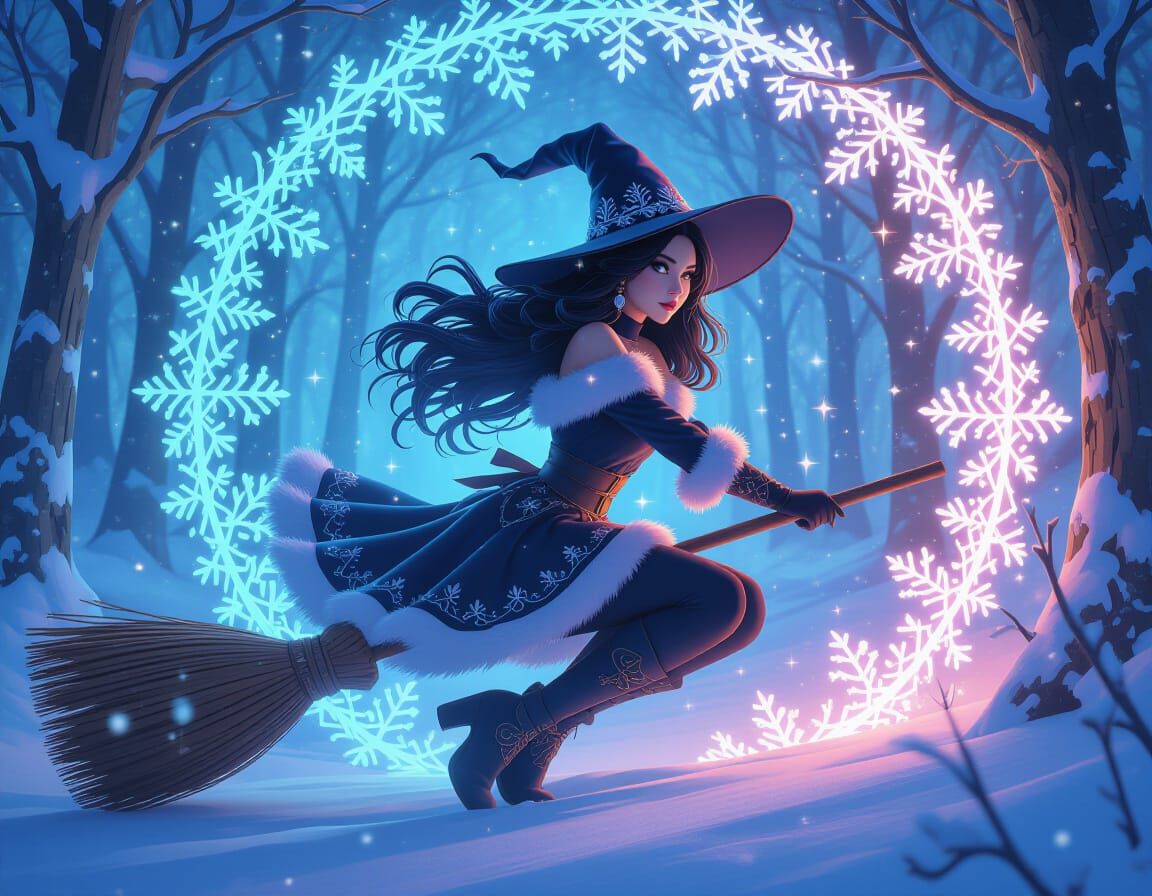 Enchanting Witch Flies Over Magical Winter Forest