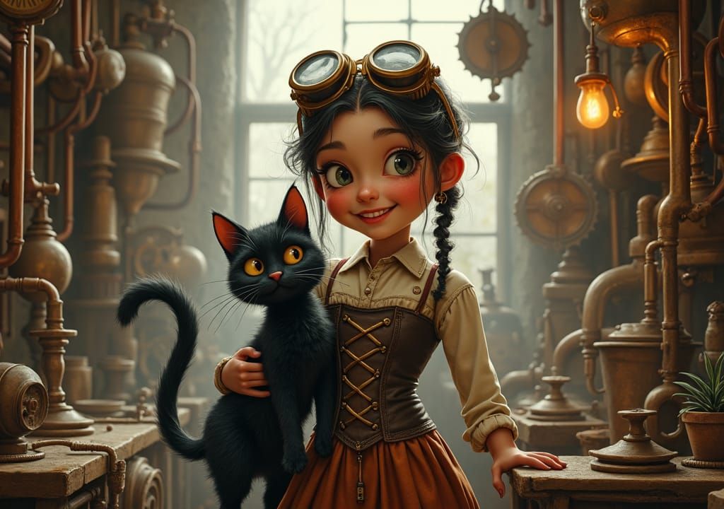 Girl and Cat in Steampunk Workshop