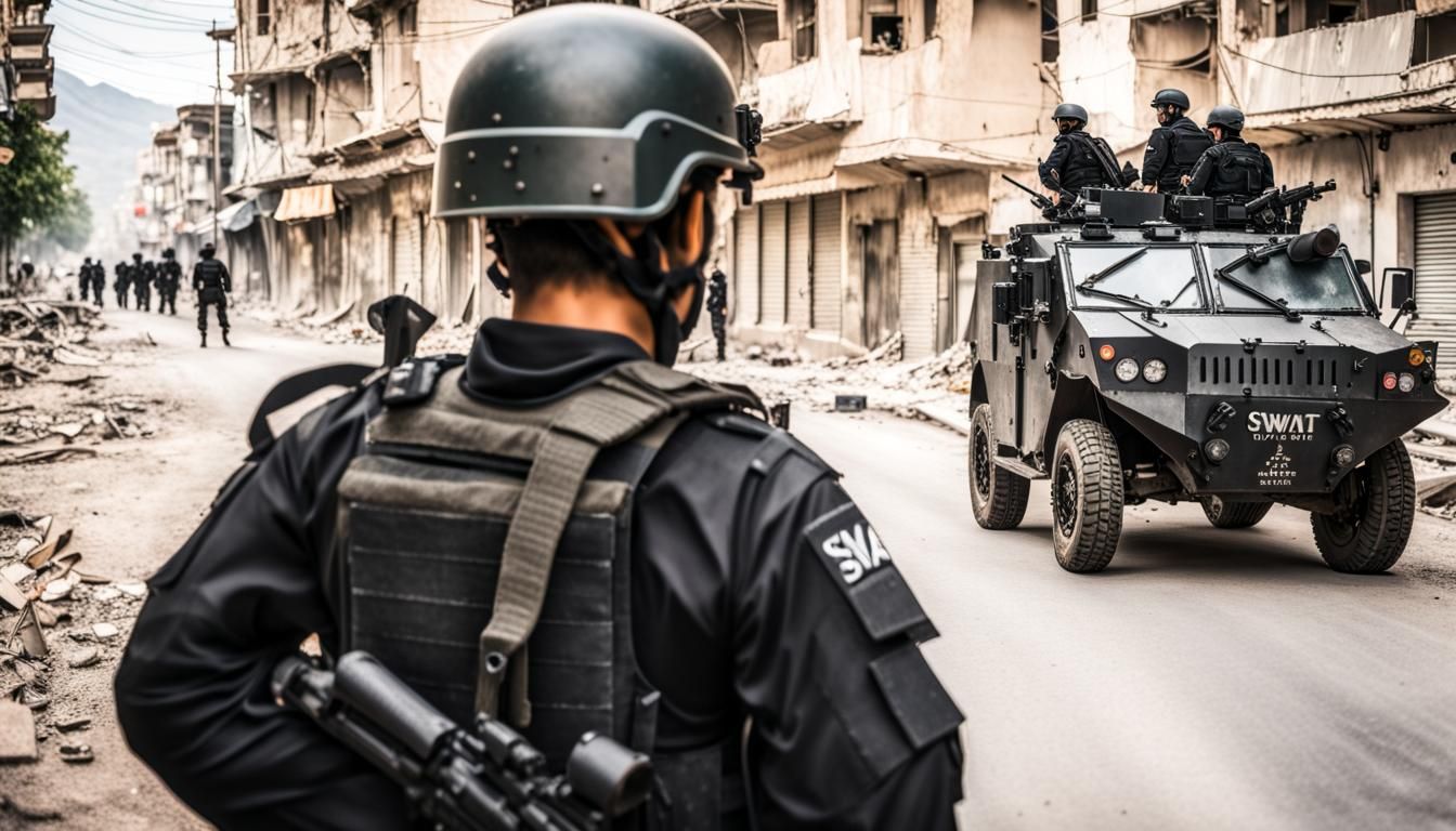 Military SWAT Team Patrolling Damaged City Streets