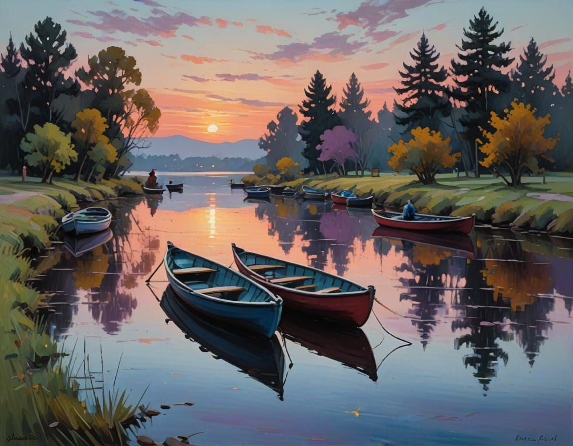 Impressionist Riverside Scene: Rowboats at Dusk