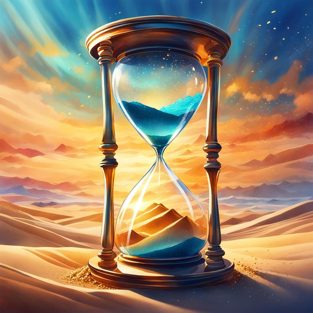 Hourglass Shattered in Sky: Digital Watercolor Illustration