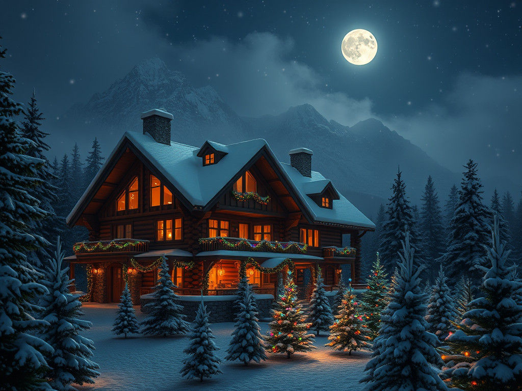 Snowy Chalet Aglow with Holiday Lights