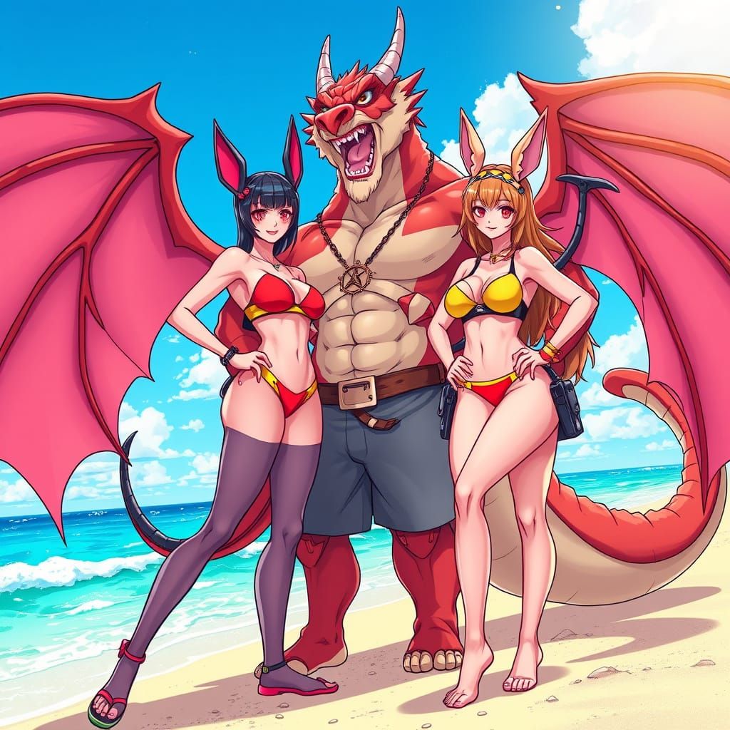 Anime Beach Scene with Bat Girls and Dragon