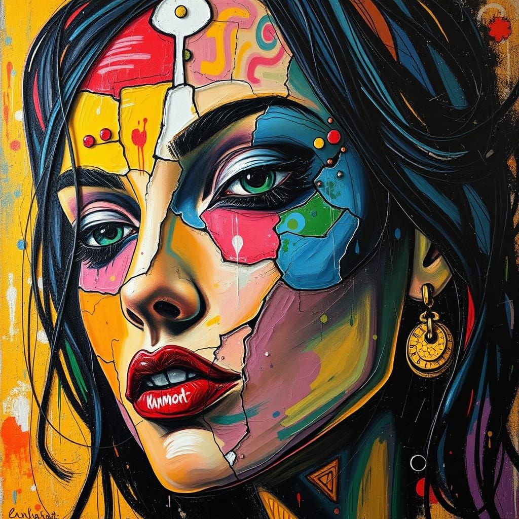 Surreal woman face, cracked surface, colorful acryl impasto ...