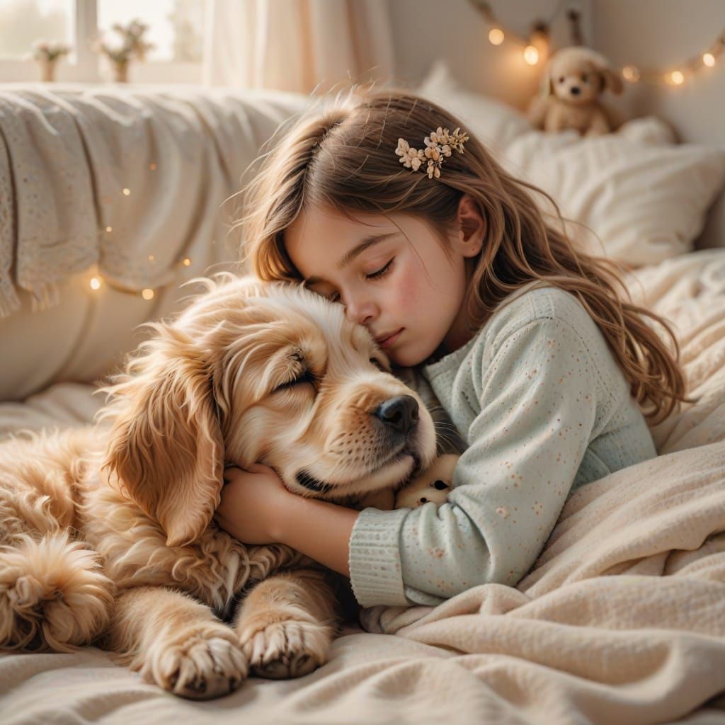Whimsical Portrait of a Little Girl Cuddling with Her Puppy