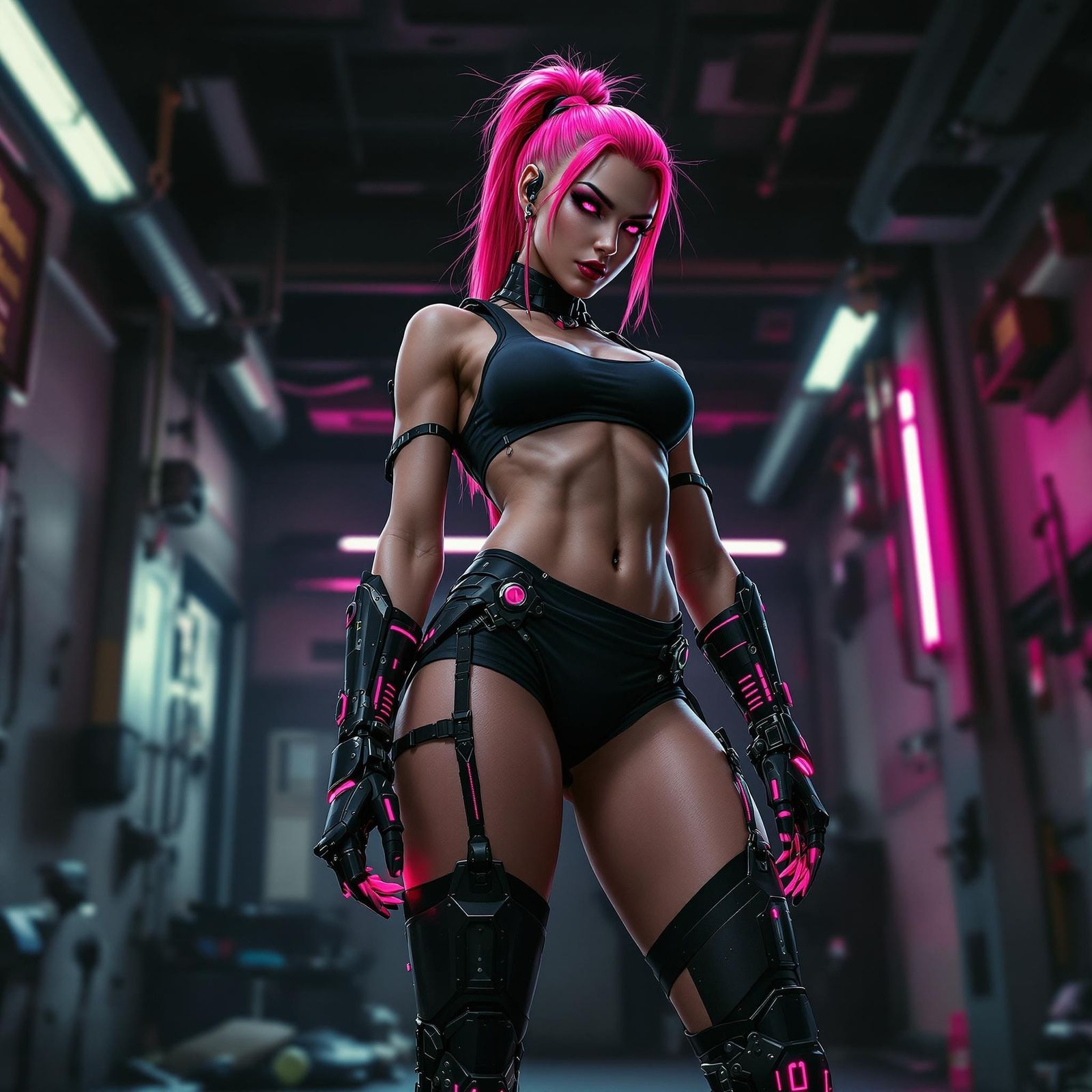 Cyborg Woman in Cyberpunk Gym, Low Angle View
