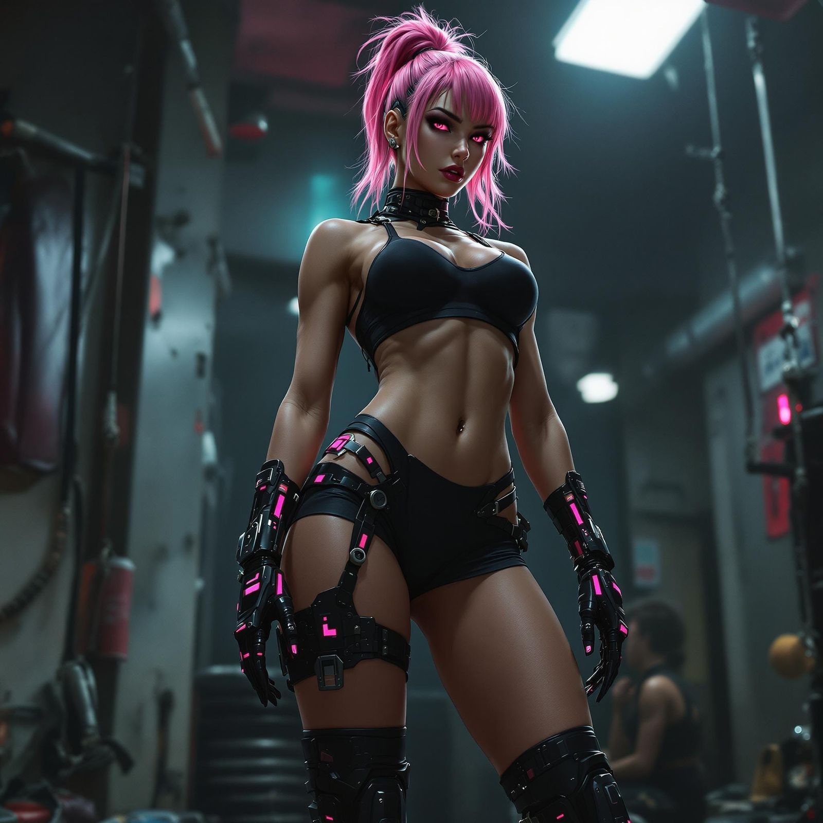 Cyberpunk Cyborg Woman Poses in Grungy Gym
