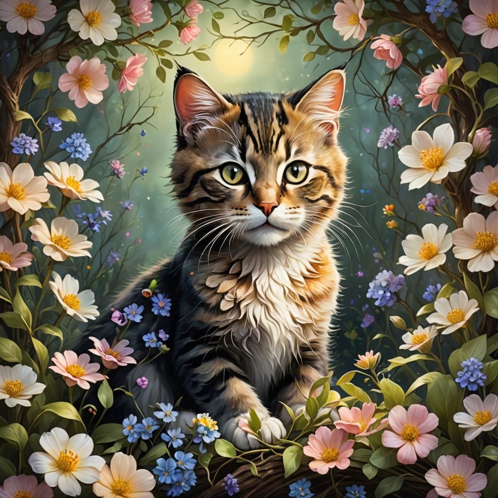 Mystical Kitten in Luminous Floral Tree, Digital Art