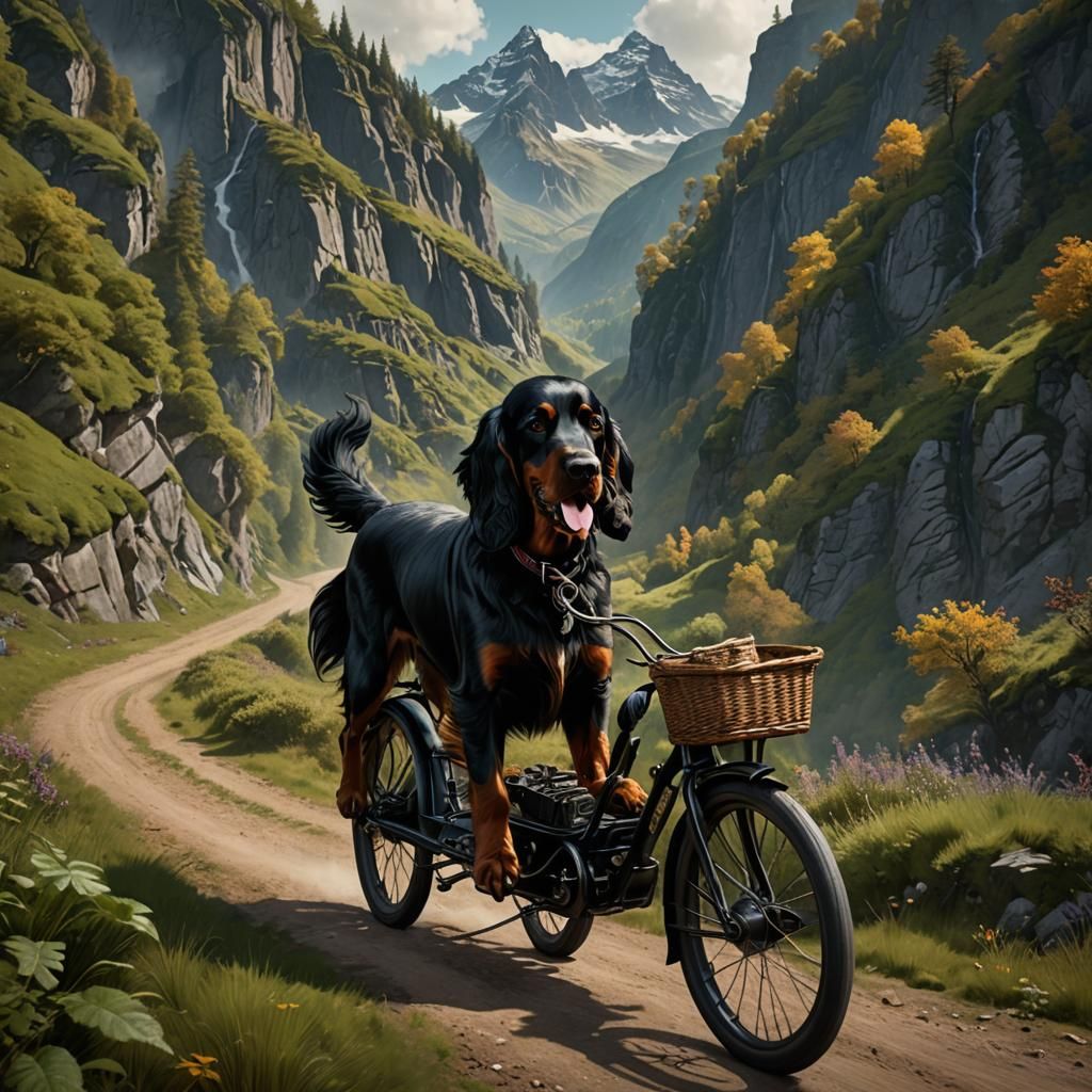 Gordon Setter Rides Bicycle on Mountain Trail
