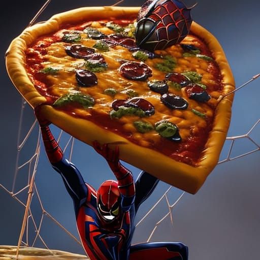 Hyperrealistic Spiderman Enjoys Pizza in Splash Art Style