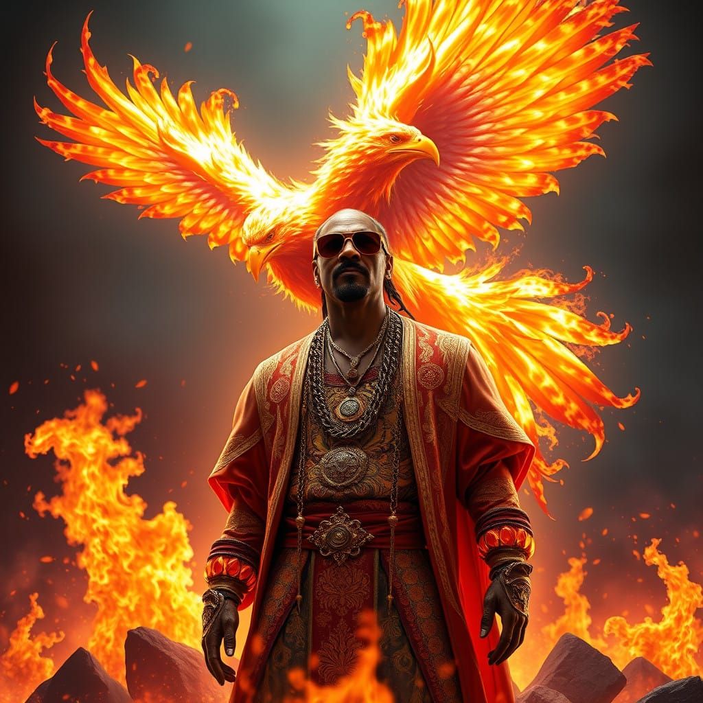 Snoop Dogg Amidst Blazing Inferno with Phoenix