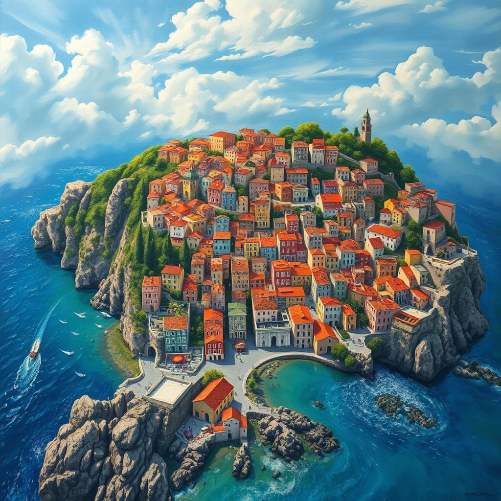 Whimsical Italian Townscape in Vibrant Colors