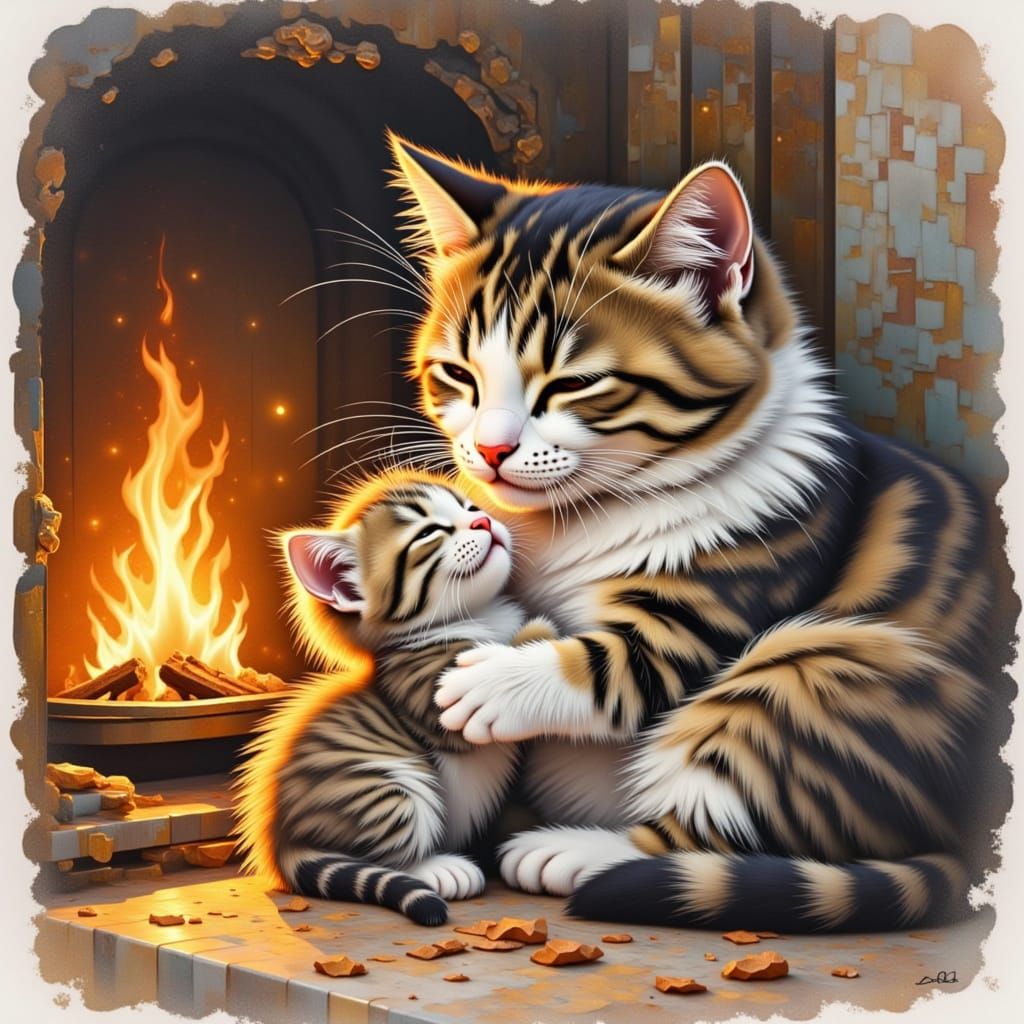 Munchkin Cat Cradles Kitten by Fireplace