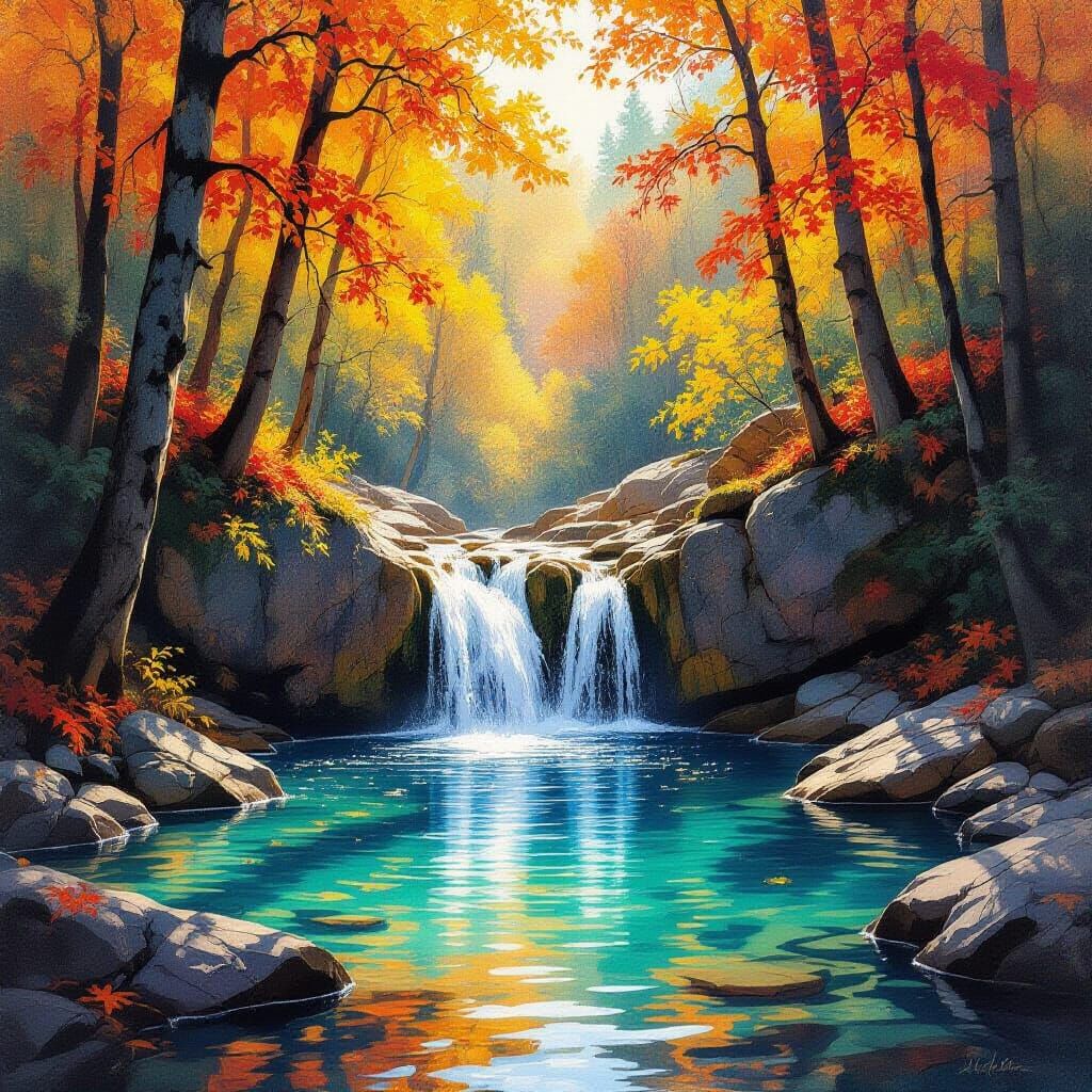 Autumn Cascade in Ancient Forest, Watercolor Style