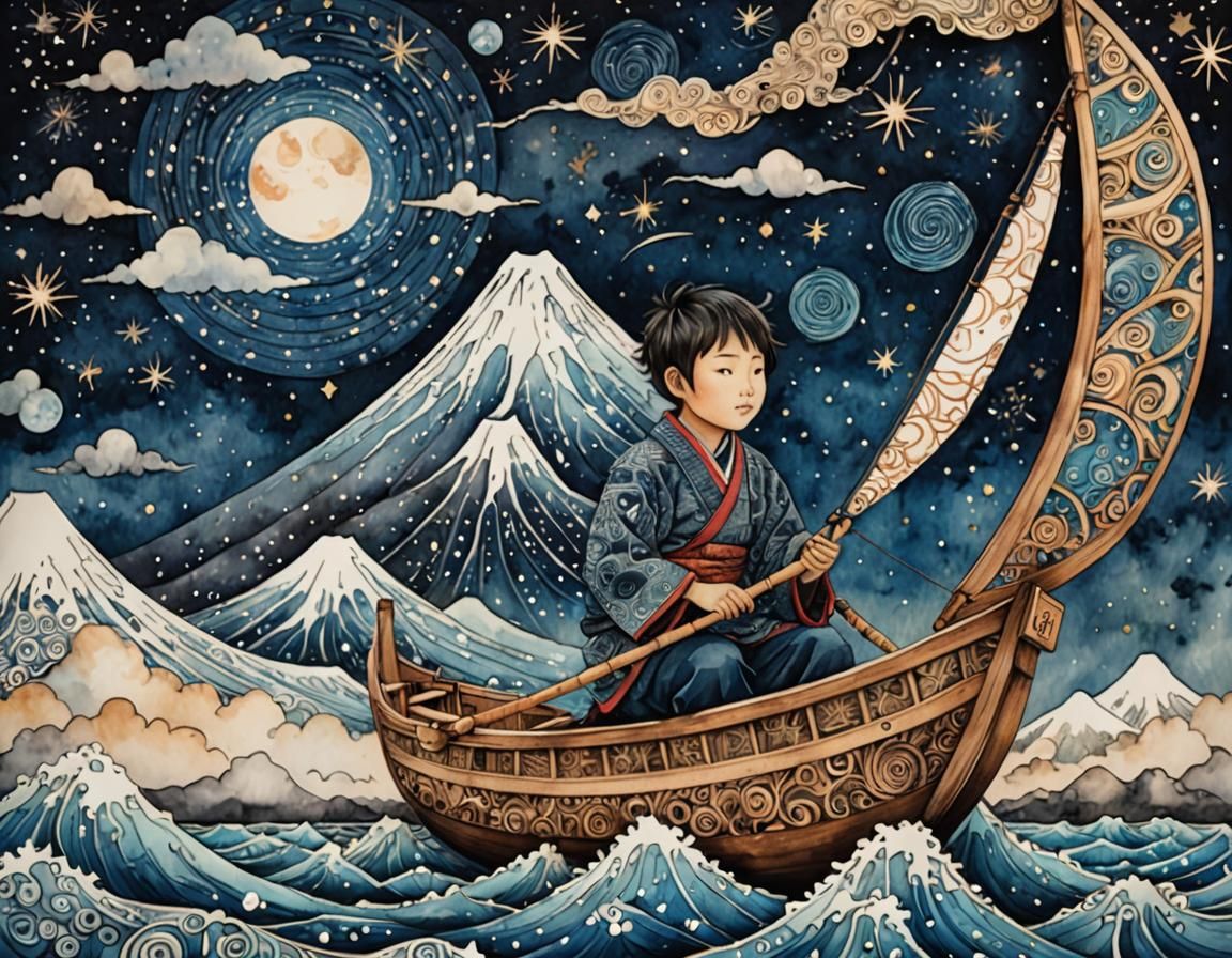 Japanese Boy Sailing Sky-Boat: Surreal Folk Art