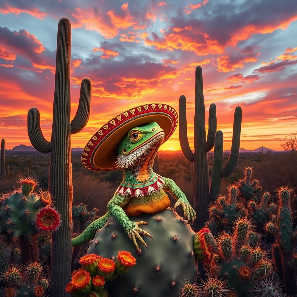 Lizard in Sombrero at Desert Sunset