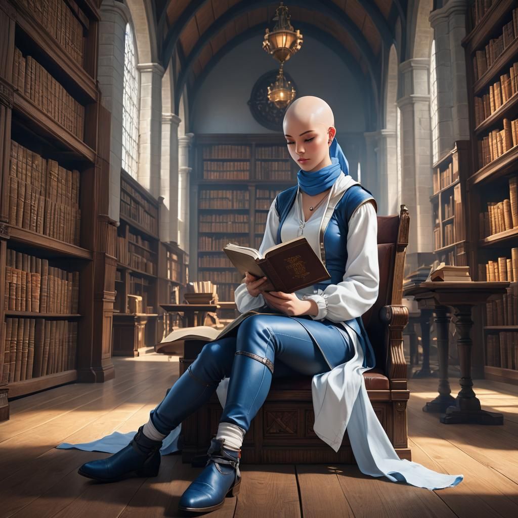 Young Woman Reading in Library, 3D Anime Art