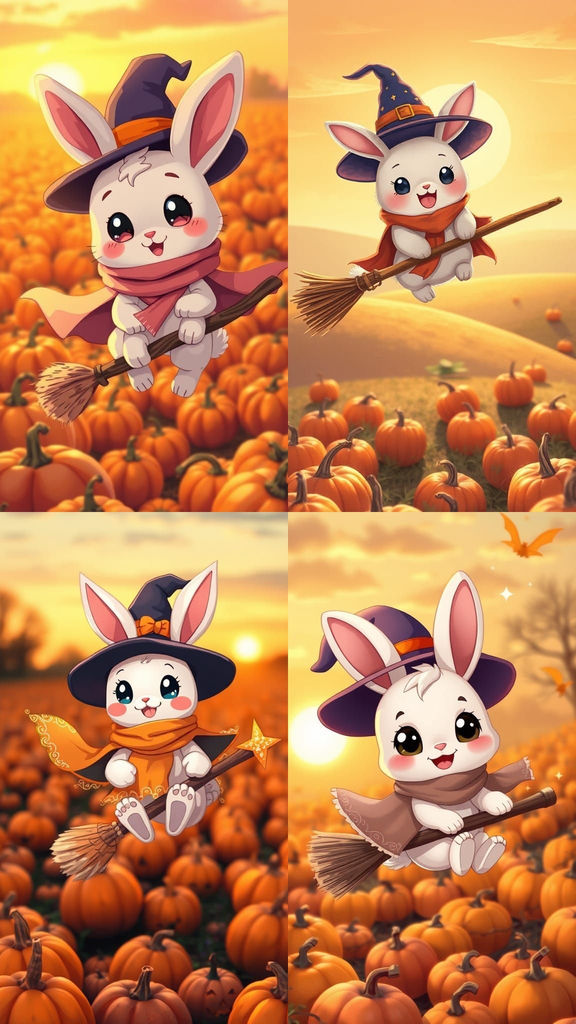 Cartoon Witch Bunny Flying Over Pumpkin Field