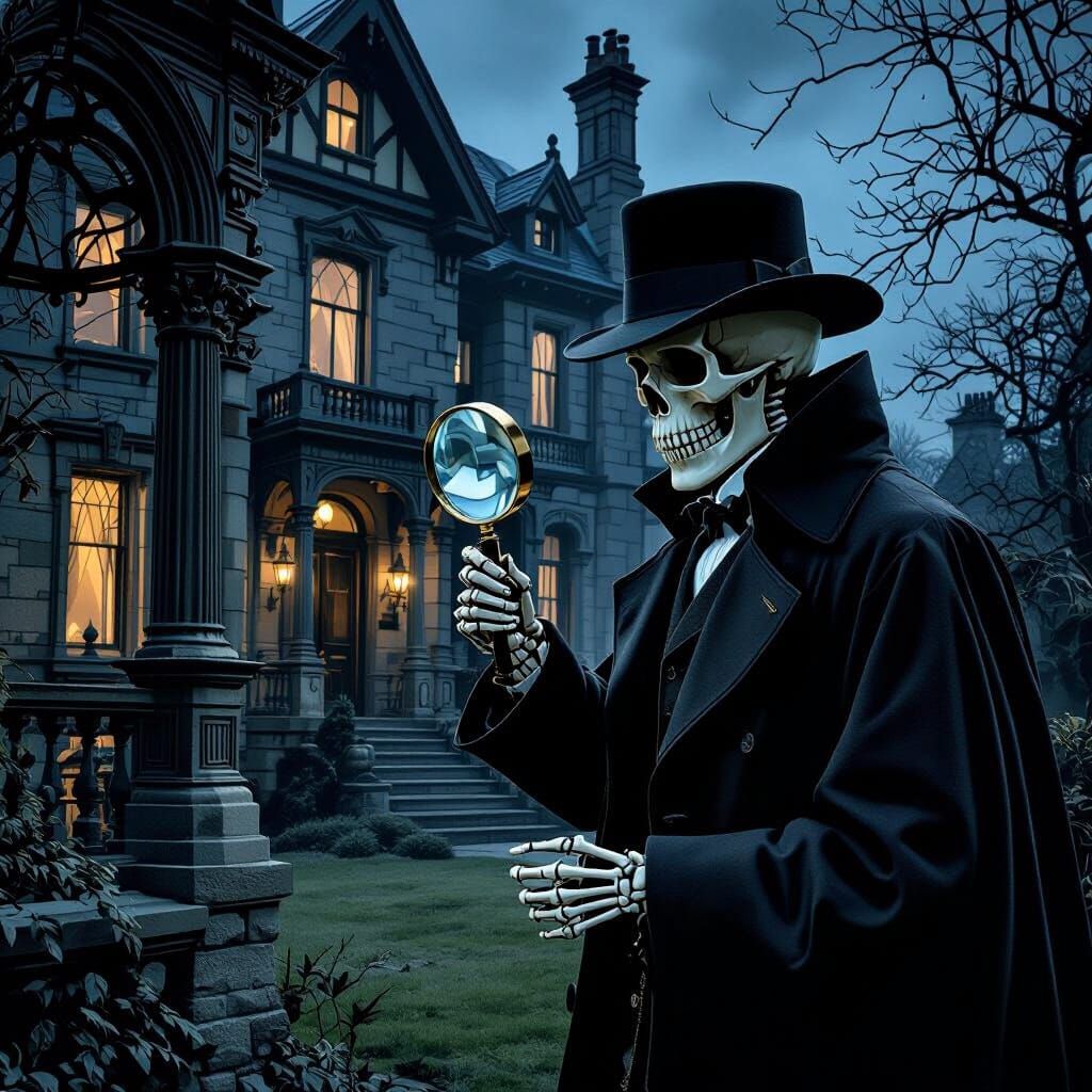 Skeletal Sherlock Holmes Investigates Victorian Mansion