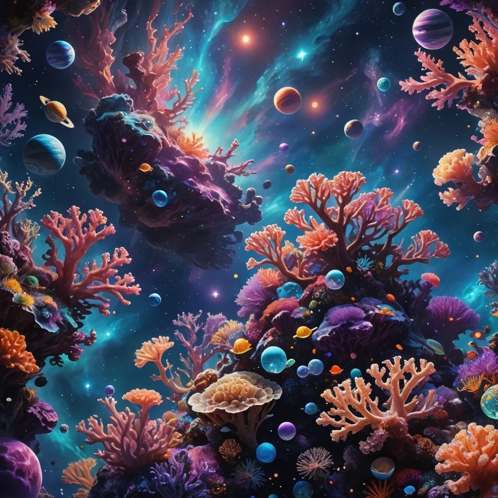 Coral Reef Galaxy Amidst Stars: Oil Painting