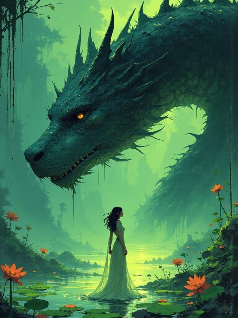 Lily Sorceress Confronts Feral Water Dragon