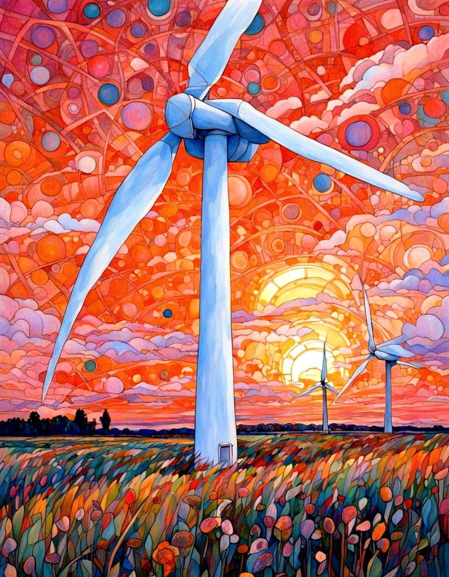 Prairie Wind Turbine in Post-Impressionist Style