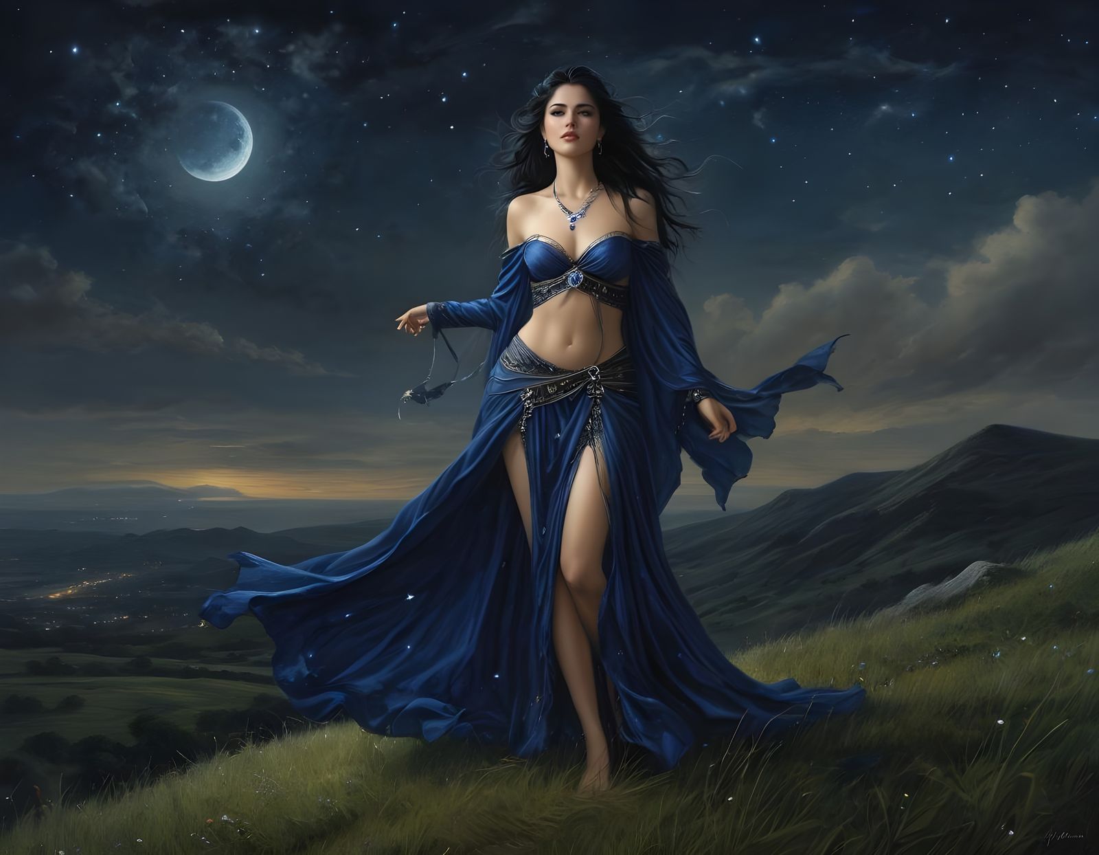 Norse Goddess Casts Midnight Spell Under Vibrant Stars