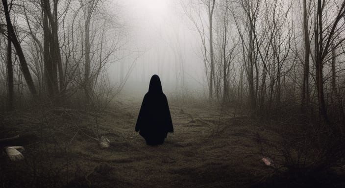 Eerie Halloween Landscape with Barefoot Girl