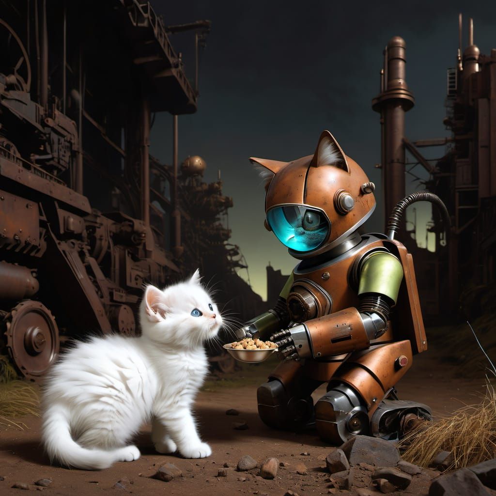 Rusty Robot Feeds Fluffy Kitten in Dystopian Landscape