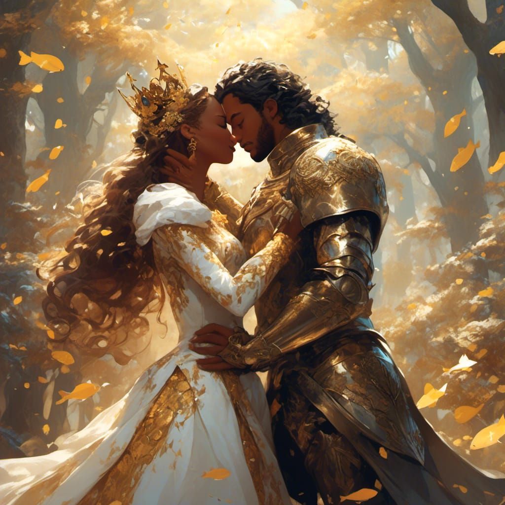 Princess Kisses Knight in Gold Armor