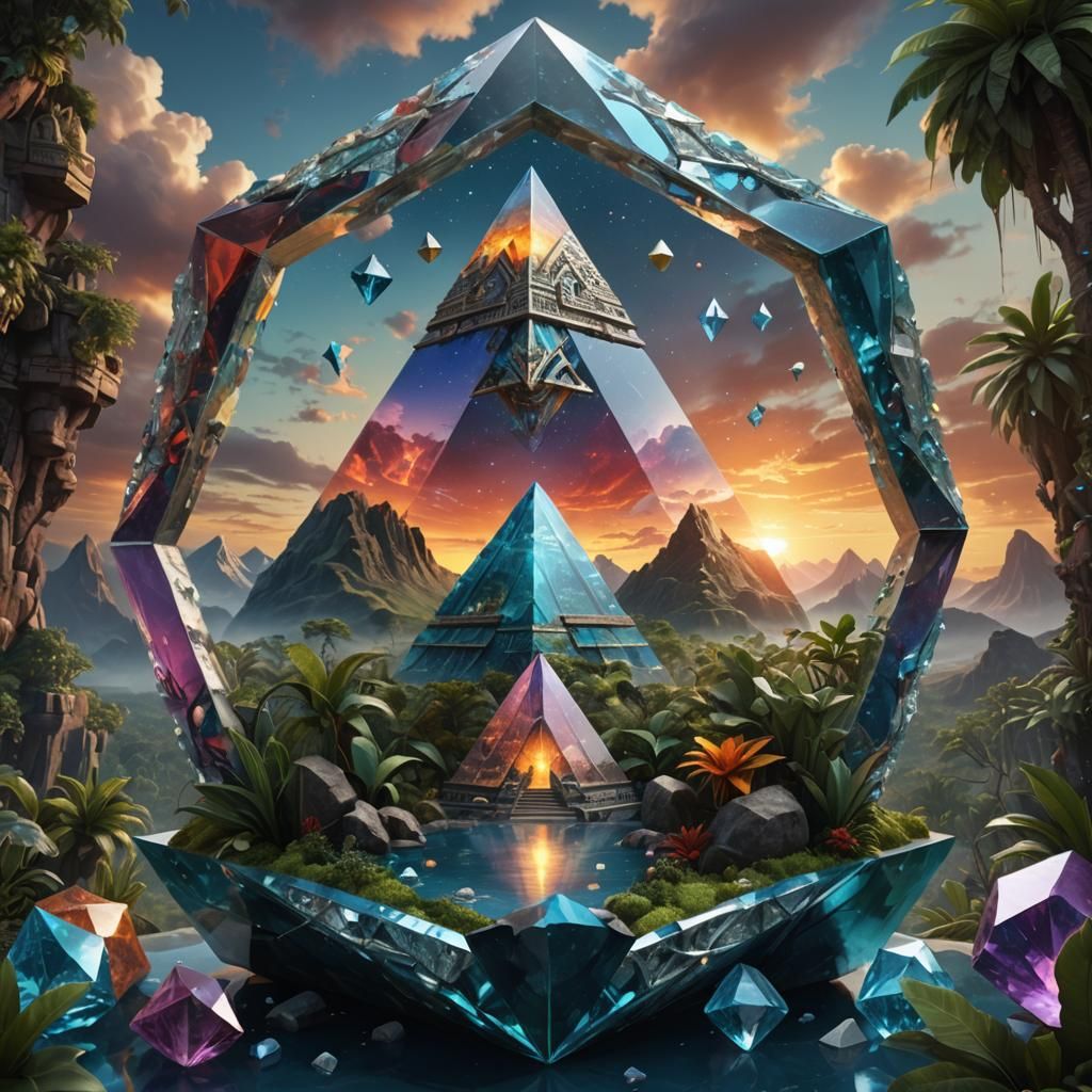 Crystallized Silver Aztec City in Crystal Tetrahedron