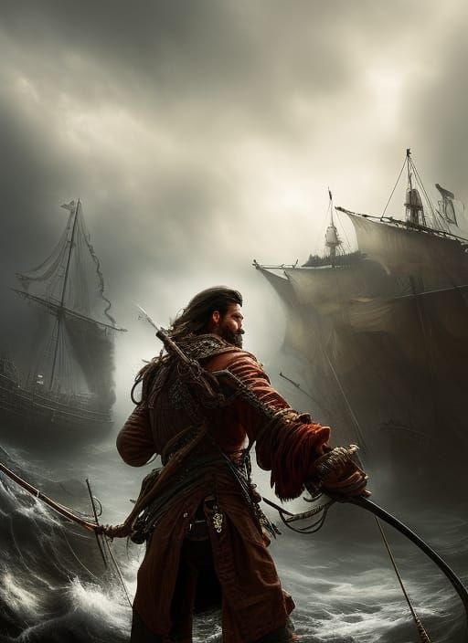 Stormy Pirate Deckhand on Ship, Digital Painting