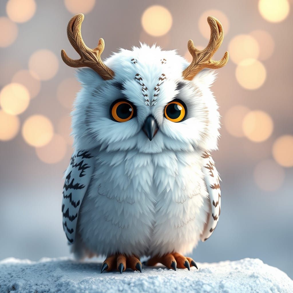 Adorable Fluffy Snow Owl with Deer Horns in 3D Anime Style