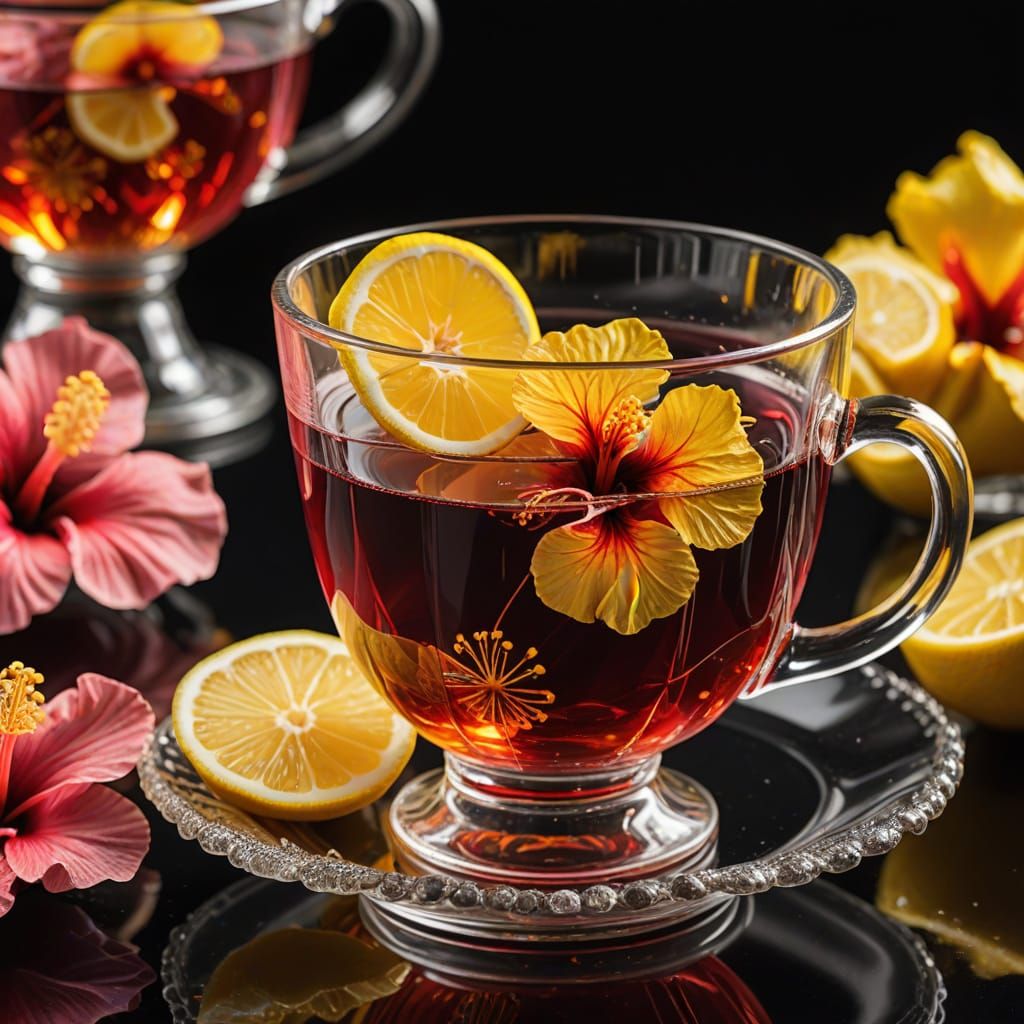 Vibrant Hibiscus Tea in Crystal Glass: Photorealistic Close-...
