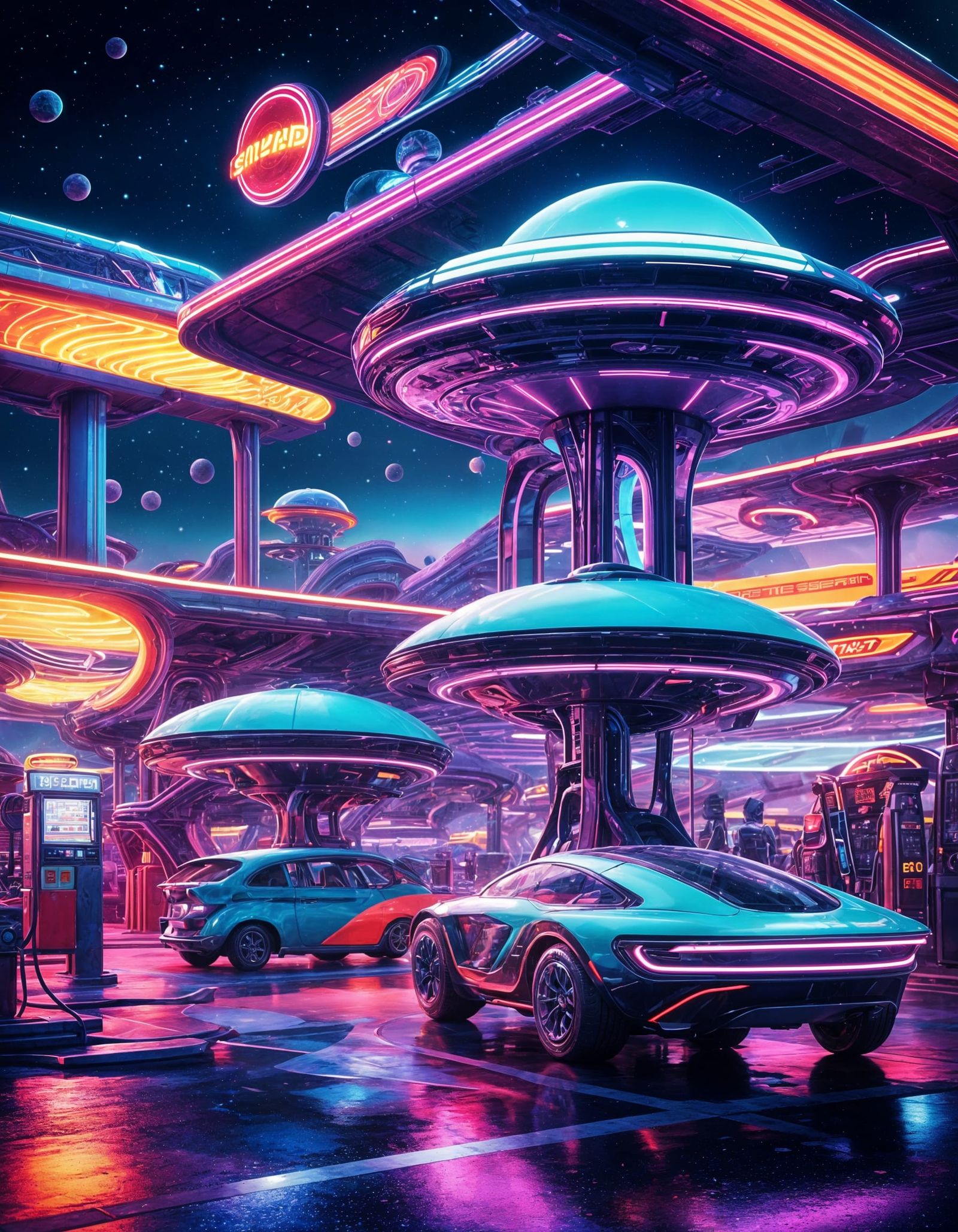 Psychedelic Alien Gas Station in Futuristic Galaxy