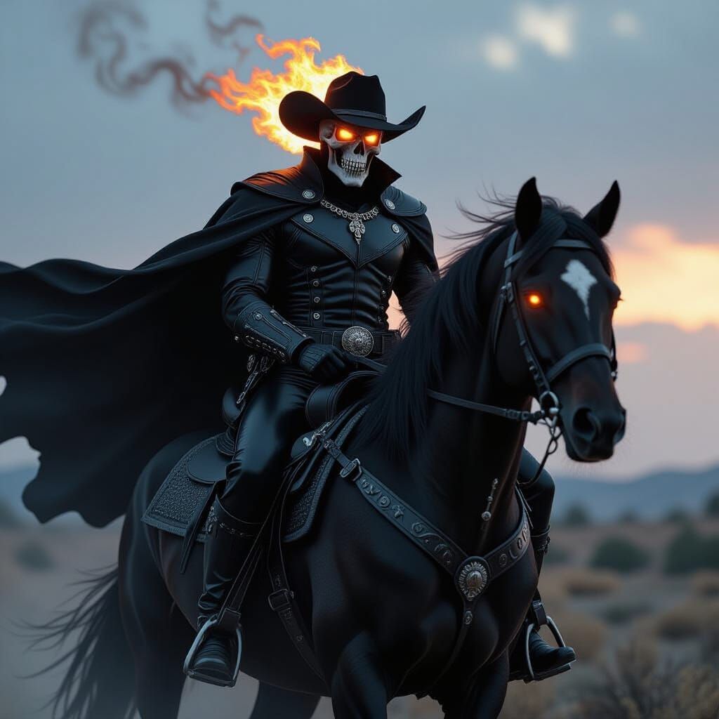 Grimdark Ghost Rider Cowboy on Fiery Horse