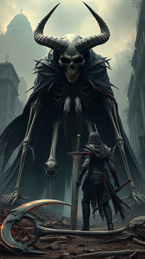 Grim Reaper's Ominous Presence Over a Warrior in a Post-Apoc...