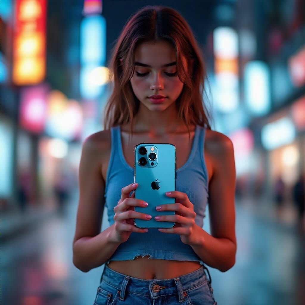 Teenage Girl Holds Futuristic iPhone in Urban Setting