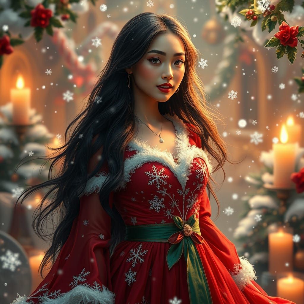 Ethereal Woman Embracing Christmas Magic in Whimsical Winter...