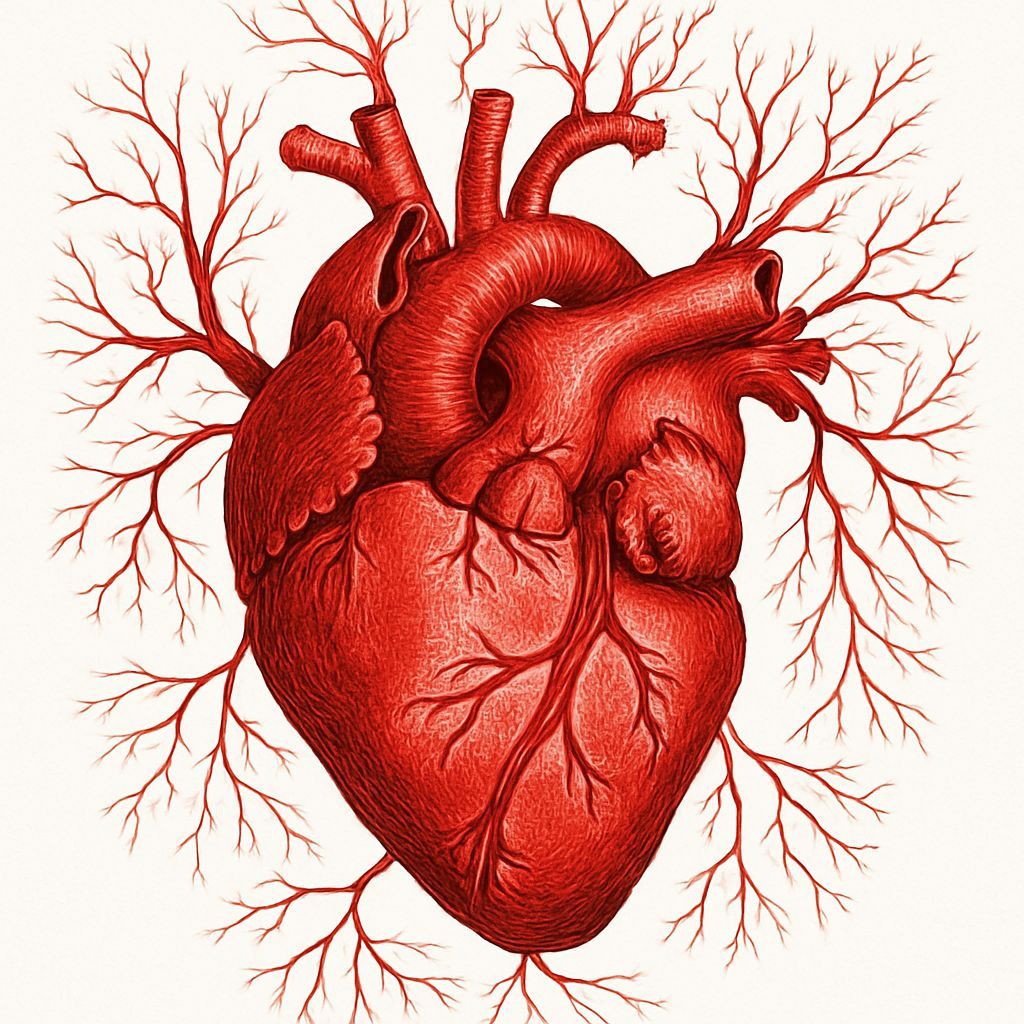 Intricate Red Heart with Blood Vessels on White