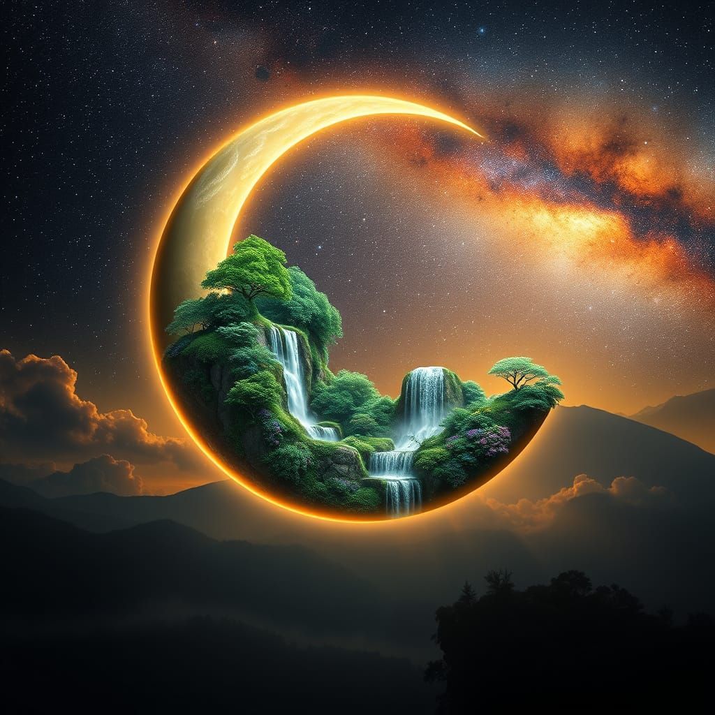 Lush World Held by Glowing Crescent Moon