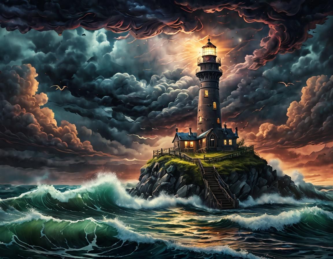 Surreal Rococo Lighthouse in Stormy Fantasy Scene