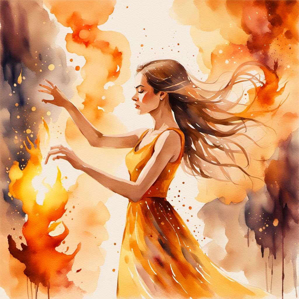 Woman Dancing in Firelight: Watercolor Painting