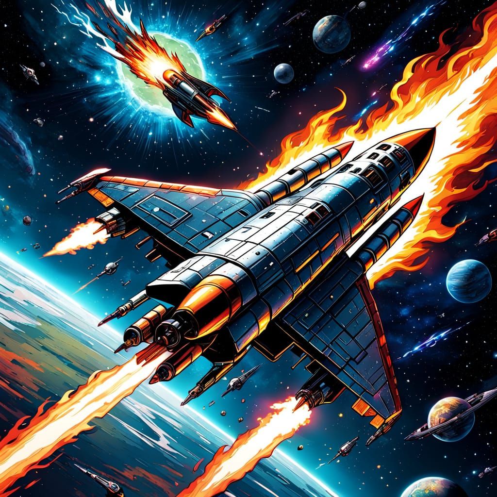 Rocket Soaring Through Space: Comic Book Art