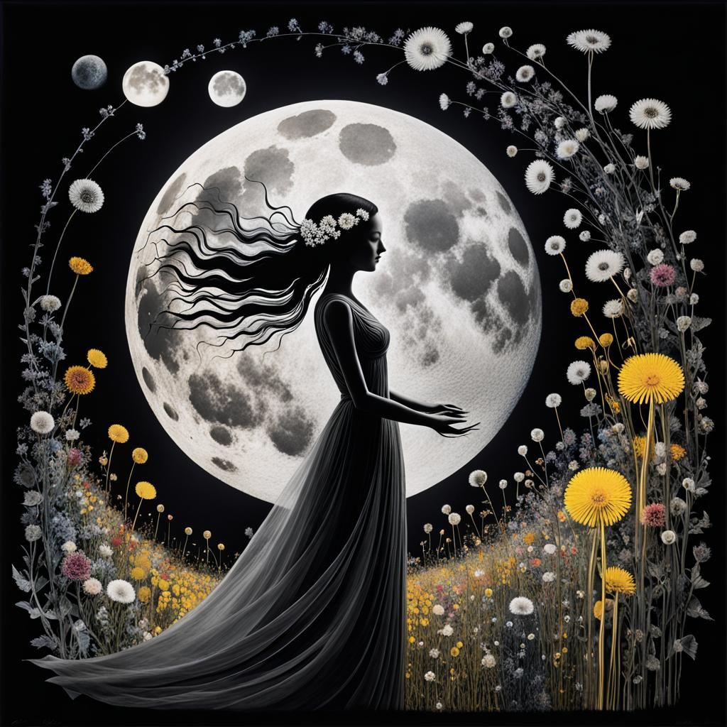 Surreal Floral Moon Woman in Dreamscape: Photogram