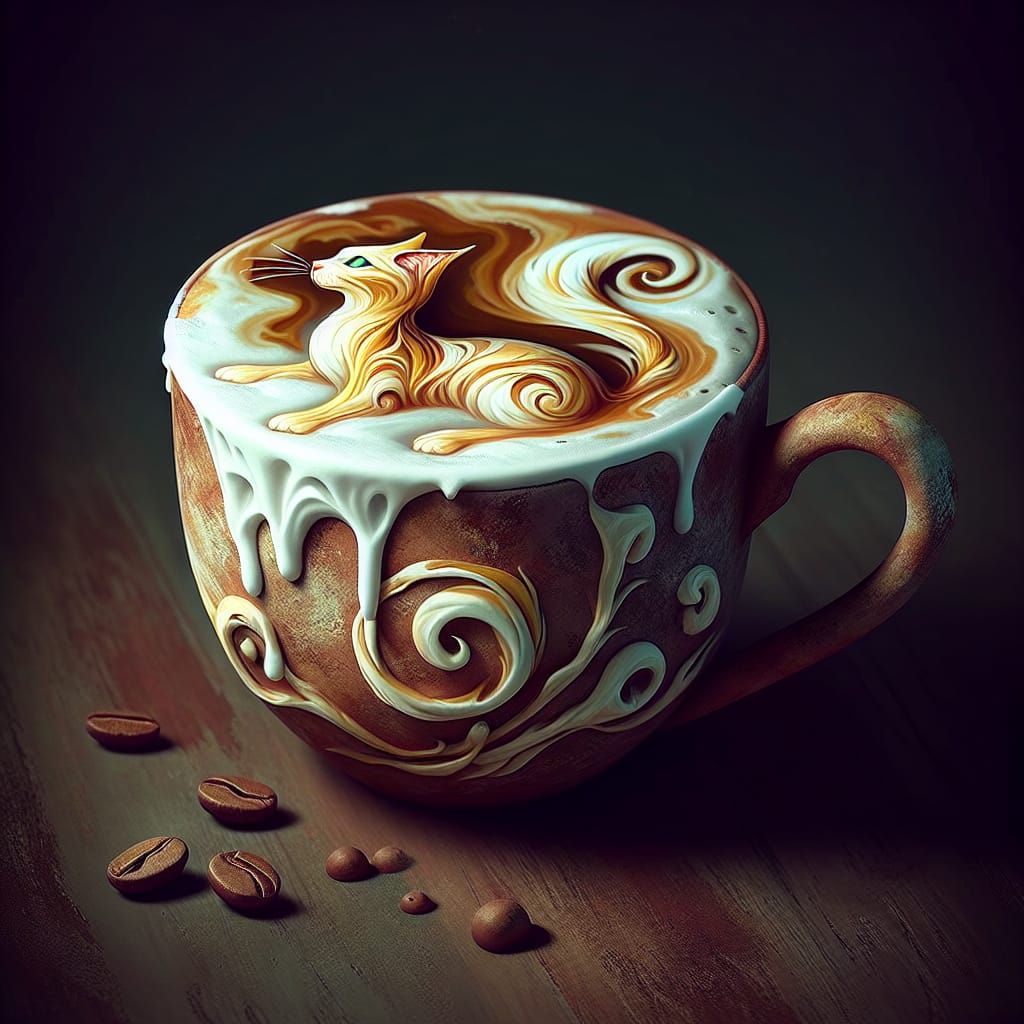 Coffee Mug with Foam Cat: Matte Painting Concept