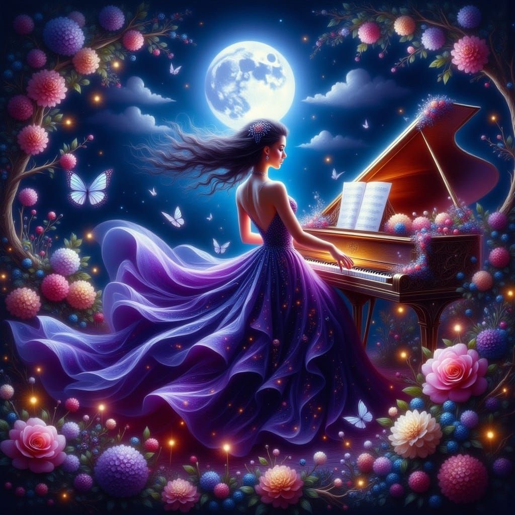 Woman Dancing to Piano Music in Dreamy Garden