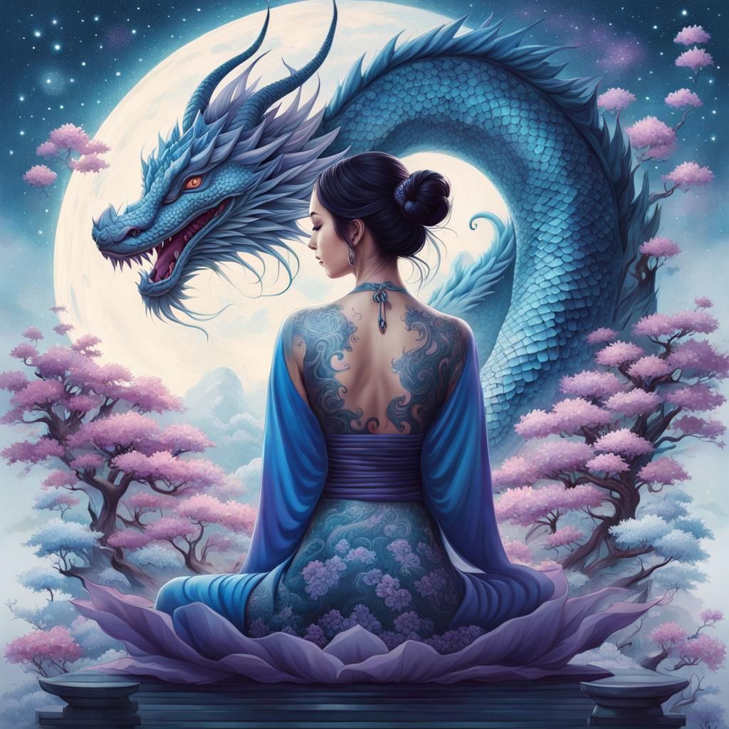 Dragon Tattoo Woman Meditating in Zen Garden, Digital Painti...